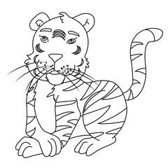 Cute cartoon hand drawn vector sitting tiger coloring page.