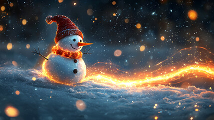 Obraz premium Festive Winter Wonderland: Whimsical Snowman Decoration with Glowing Lights, Warmth of Cheerful Celebration, Cozy Outdoor Scene and Sparkling Frosty Joy, Nature's Enchanting Magic