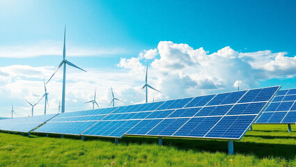 Renewable energy landscape. wind turbines and solar panels background, sustainable power.