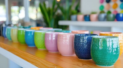 Colorful ceramic mugs on display in a bright shop