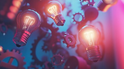 Illuminating Ideas A Digital Workspace Scene with Lightbulbs and Gears Concept
