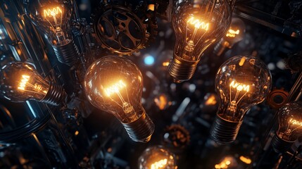 Illuminated lightbulbs with metallic gears and abstract background create a digital workspace scene