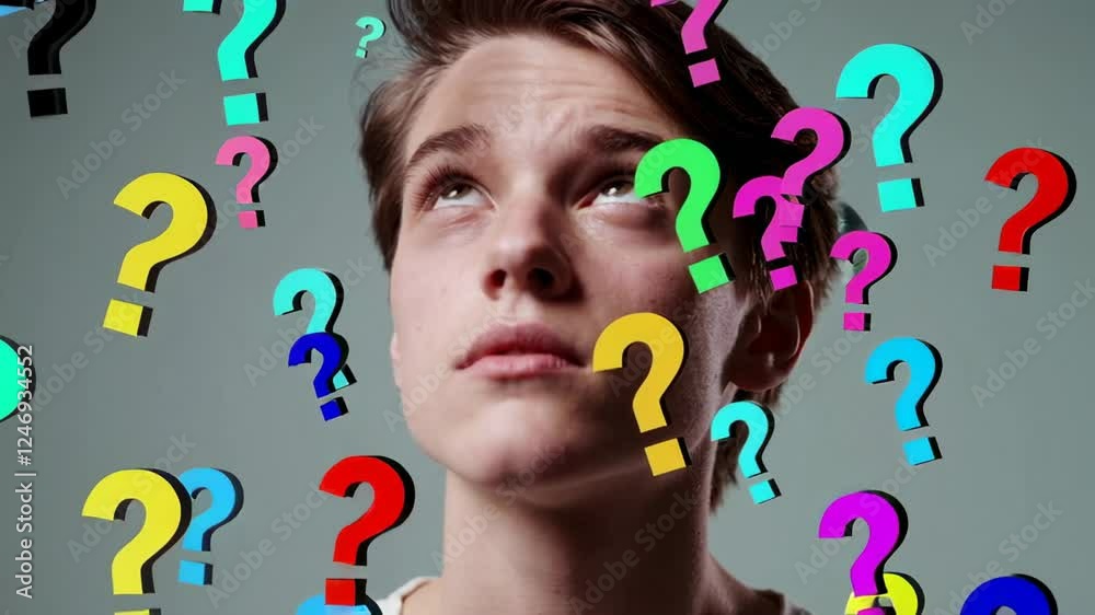 Poster thoughtful young man contemplates numerous colorful question marks floating around him against a gra