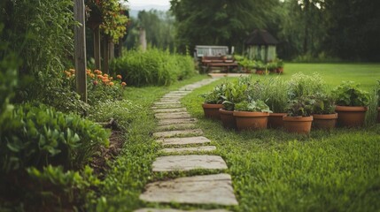 Stone path garden herbs summer landscape