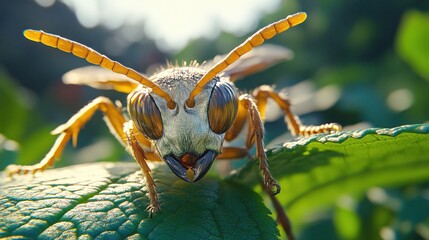 Detailed close up of a wasp with large compound eyes and segmented antennae on a green leaf