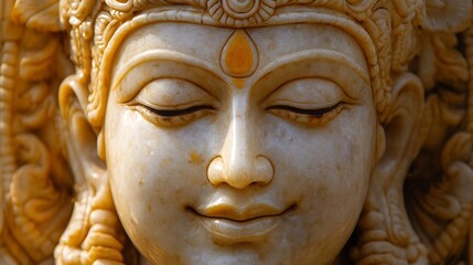 Close up of serene expression on ornate golden deity statue captured in soft light for spiritual and cultural artwork : Generative AI