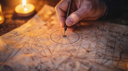 A hand draws on an ancient map under candlelight, creating an atmosphere of exploration and adventure.