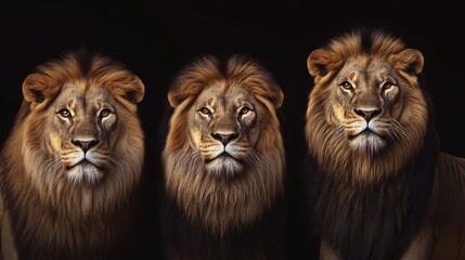 Three fierce lions stare directly at the viewer.