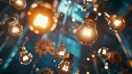 A digital workspace scene with floating lightbulbs and gears symbolizes innovation and creative thinking