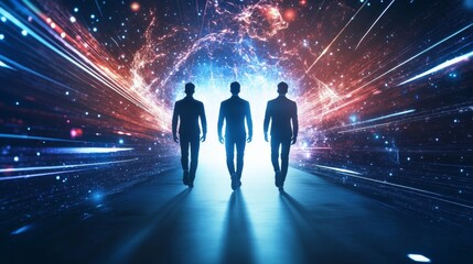 Three figures walk into a digital universe.