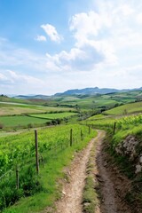 Obraz premium A path winds through a lush green field. The sky is clear and blue, with a few clouds scattered throughout. The scene is peaceful and serene, with the path leading to a beautiful landscape