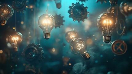 Abstract scene with floating lightbulbs and gears against a dark teal backdrop