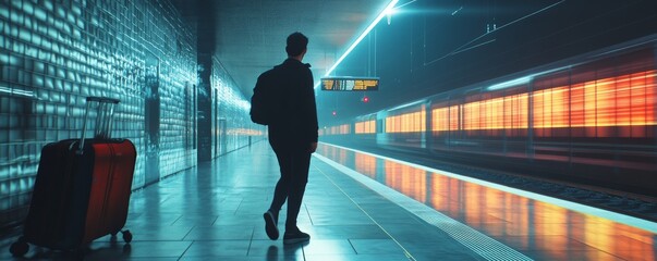 Obraz premium Traveler waiting at modern train station platform.