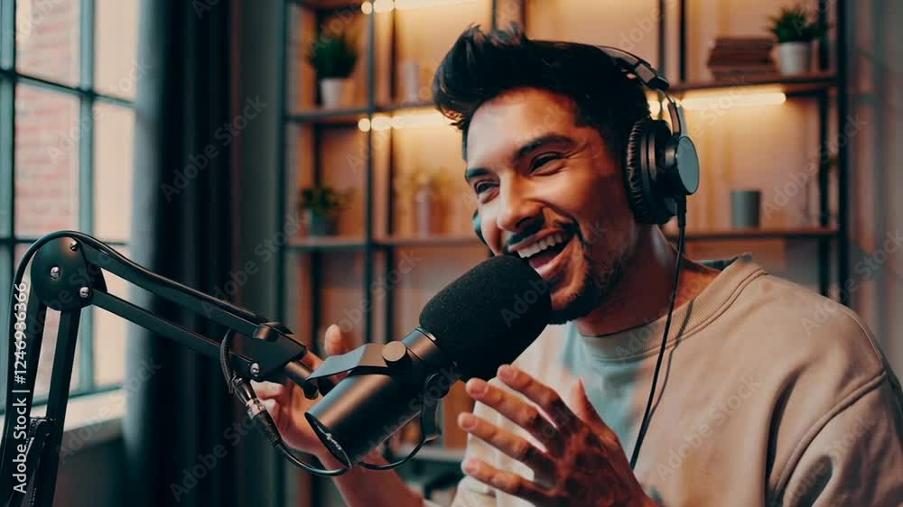 Poster professional content creator wearing headphones speaking into microphone while recording podcast in 