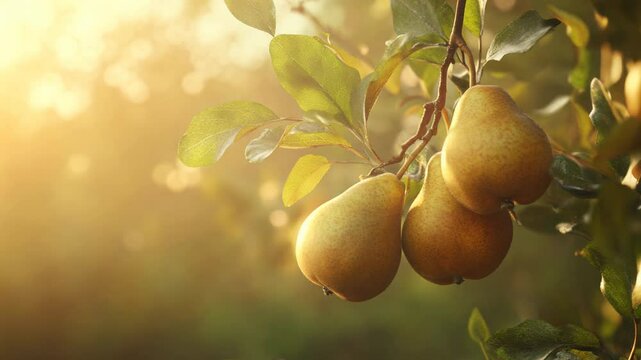 Golden pears on a branch bathed in warm sunlight, fresh pears on a tree branch, nature scene with soft focus,  blurred green background, beautiful pear tree in golden hour light