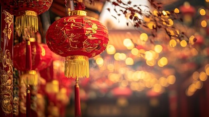 Illuminated Red Chinese Lanterns with Gold Detailing in Festive Setting : Generative AI