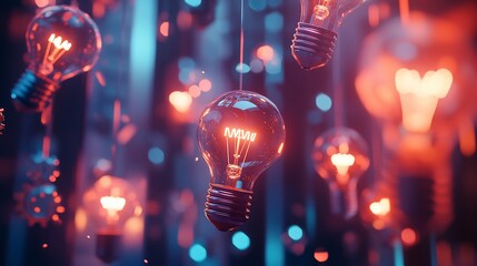 A digitally rendered scene of multiple glowing lightbulbs with a blue and orange hue