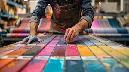 Obraz premium A worker in a print shop checks the quality of printing, which will be useful for articles about printing, manufacturing or professional activities.