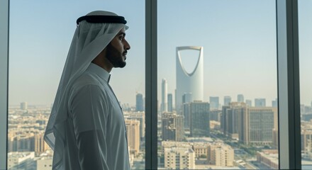 Obraz na płótnie Canvas close-up of back view of Arab man in traditional white thobe stands in office looking at KSA Riyadh skyscrapers
