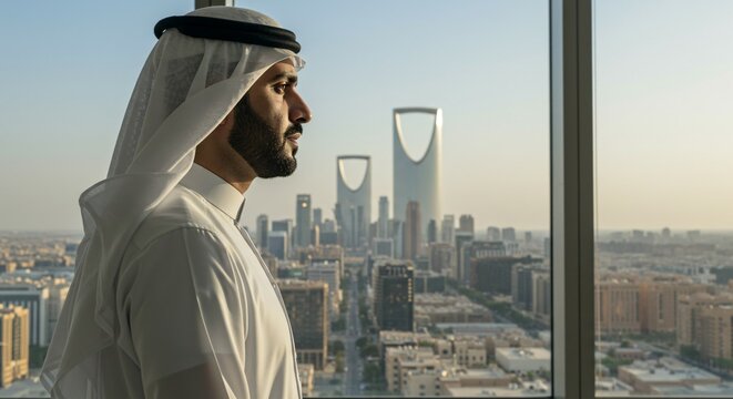 close-up of back view of Arab man in traditional white thobe stands in office looking at KSA Riyadh skyscrapers