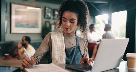 Inventory, sales and woman with laptop, cafe and clipboard for profit of small business and online. Hospitality, entrepreneur and person with checklist for revenue, web and planning with budget - Powered by Adobe