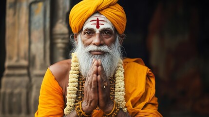 Elderly Hindu Man in Traditional Orange Attire with Prayer Pose in Spiritual Meditation : Generative AI
