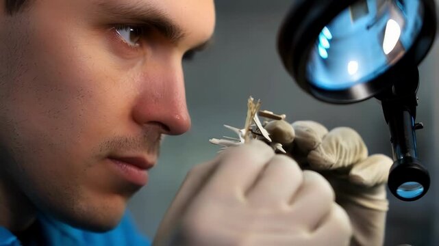 Professional watchmaker carefully examines tiny watch parts under magnifying glass, performing meticulous repair work with precision and expertise