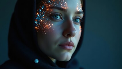 Woman with sparkling face art wearing a dark hood in a softly lit room