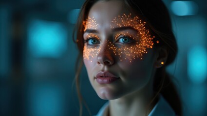 Woman with glowing face art poses in a high-tech environment at night