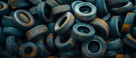A pile of old tyres capturing the theme of recycling and ecology would be appropriate in a piece about recycling, environmental initiatives or industrial design.