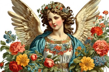 Fototapeta premium Vintage retro antique angel portrait illustration with colorful botanical flowers on isolated white background, people, culture and religion theme concept texture design. 