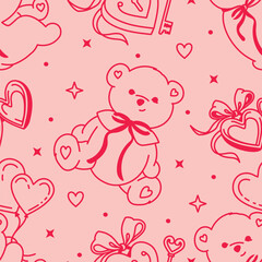 Adorable pink seamless pattern with charming bears, hearts, and lockets. Romantic, girly background. Flirty line art vector graphic