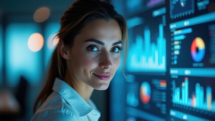 Young woman analyzes data on a large screen in a modern office during evening hours