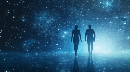 Fototapeta premium Two figures walking in a cosmic landscape.