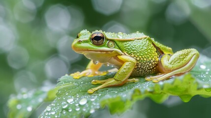 Fototapeta premium Green frog on a leaf in dew drops, great for educational materials about nature or ecology.