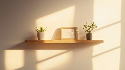 Wooden shelf displays plants and frame in sunlight