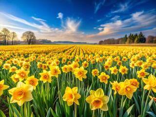 Fototapeta premium Panoramic View of Vibrant Yellow Daffodils Blooming in a Sunny English Field