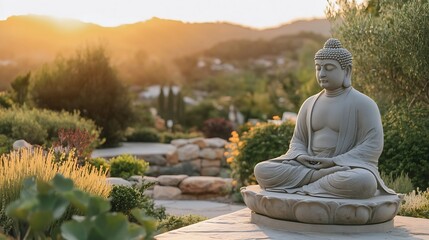Tranquil Garden with Buddha Statue at Sunset for Meditation Serenity : Generative AI
