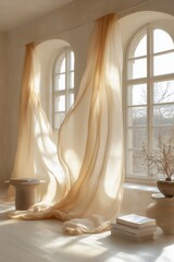 Sunlight streams through tall arched windows, illuminating flowing beige curtains and casting soft shadows. A serene interior scene with books and pottery completes the tranquil atmosphere