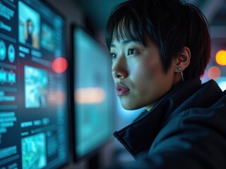 Naklejka premium Person analyzing data on a screen in a modern tech environment at nighttime