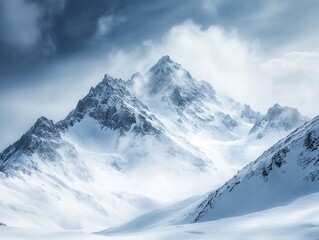 Majestic Snow Covered Mountain Peaks Under Cloudy Sky in Winter Landscape : Generative AI