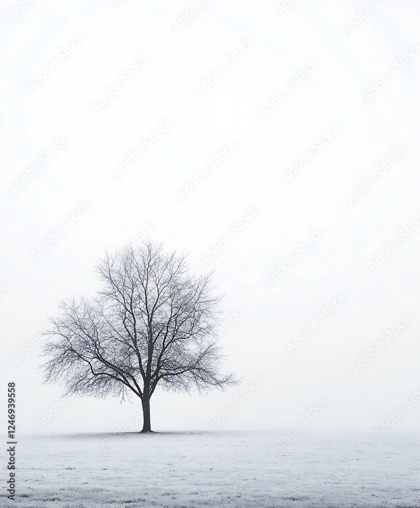 Poster lone bare tree in foggy winter landscape symbolizing solitude and tranquility in nature : generative