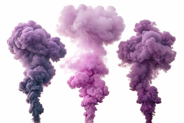 Fototapeta premium Three billowing clouds of purple smoke create a striking visual effect, showcasing shades ranging from light to dark in an artistic display.