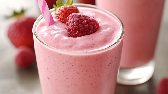 Delicious pink smoothie with fresh strawberry and raspberry in a glass with a striped straw - Powered by Adobe