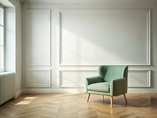 Pastel Green Chair in Corner of Large Empty Room - Minimalist Interior Design Stock Photo