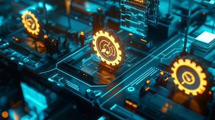 Futuristic digital circuit board with glowing orange gears, complex tech design