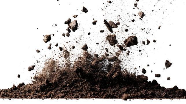 Isolated soil dirt falling on transparent background. high resolution PNG file