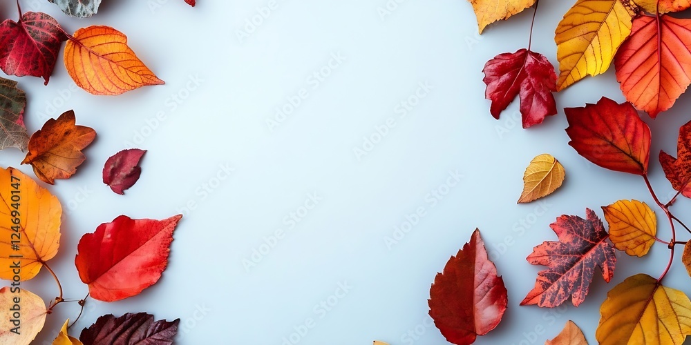 Poster autumn leaves in assorted colors on light blue background : generative ai
