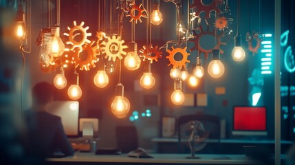 A modern digital workspace featuring suspended lightbulbs and gear shapes creating an ambient setting