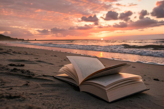 An open book rests on a sandy beach as the sun sets, creating a serene scene with vibrant colors reflecting on the water.